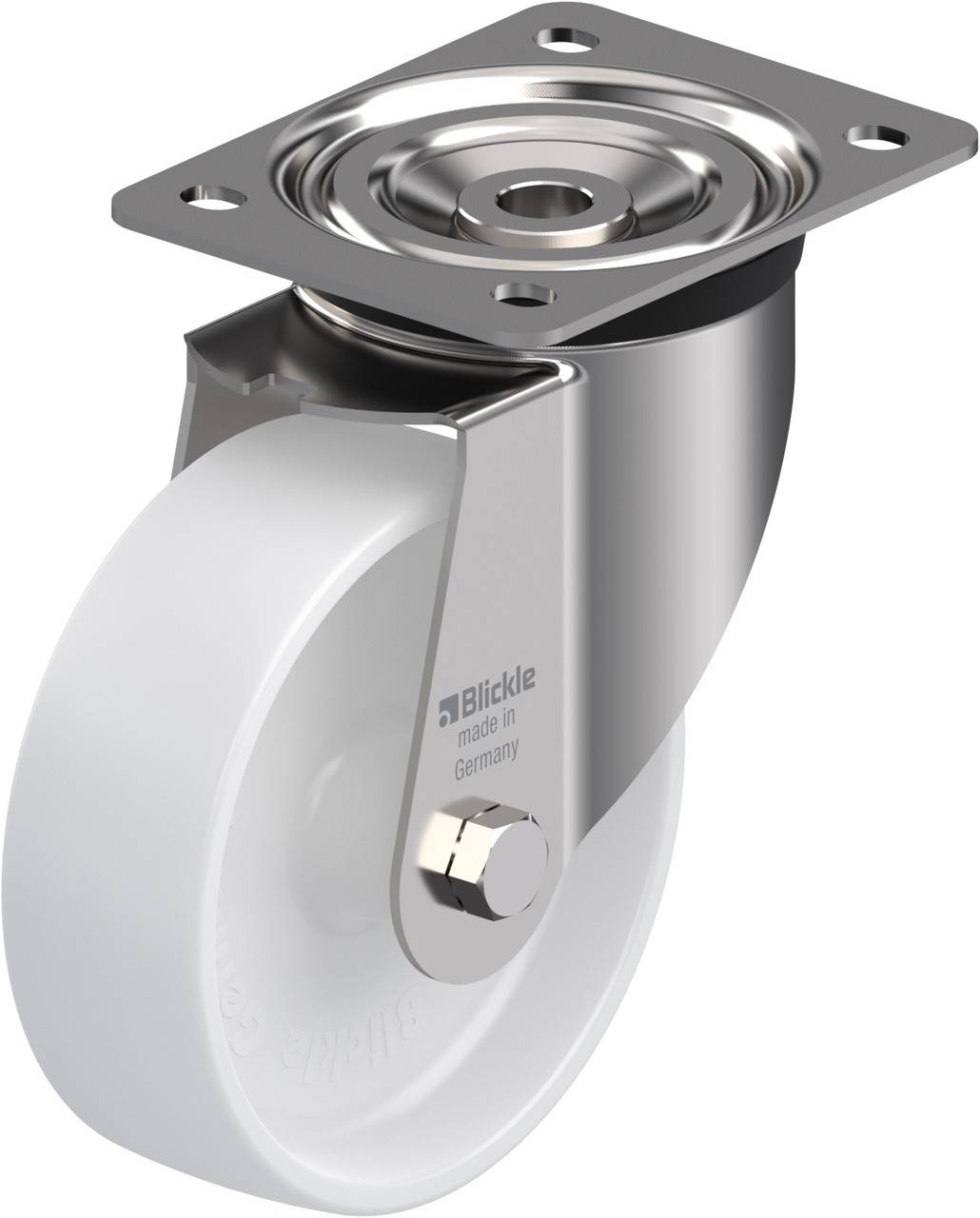 Metallisches Schwerlast-Schwenkrollenrad mit weißem Rad und Befestigungsplatte, geeignet für Industriemöbel und Geräte.