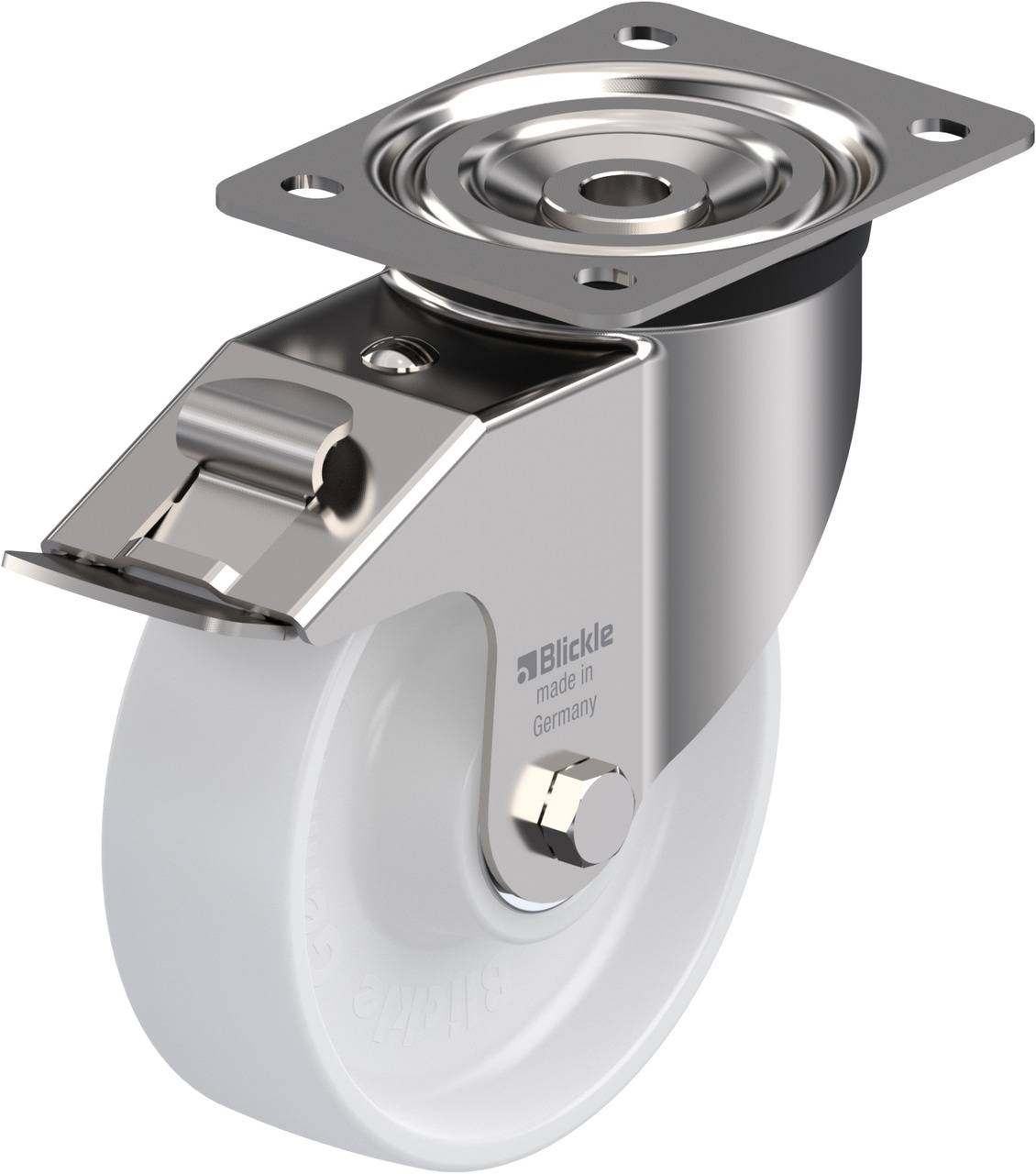 Schwenkrolle aus Metall mit weißem Rad und Befestigungsplatte, geeignet für Industrieanwendungen.