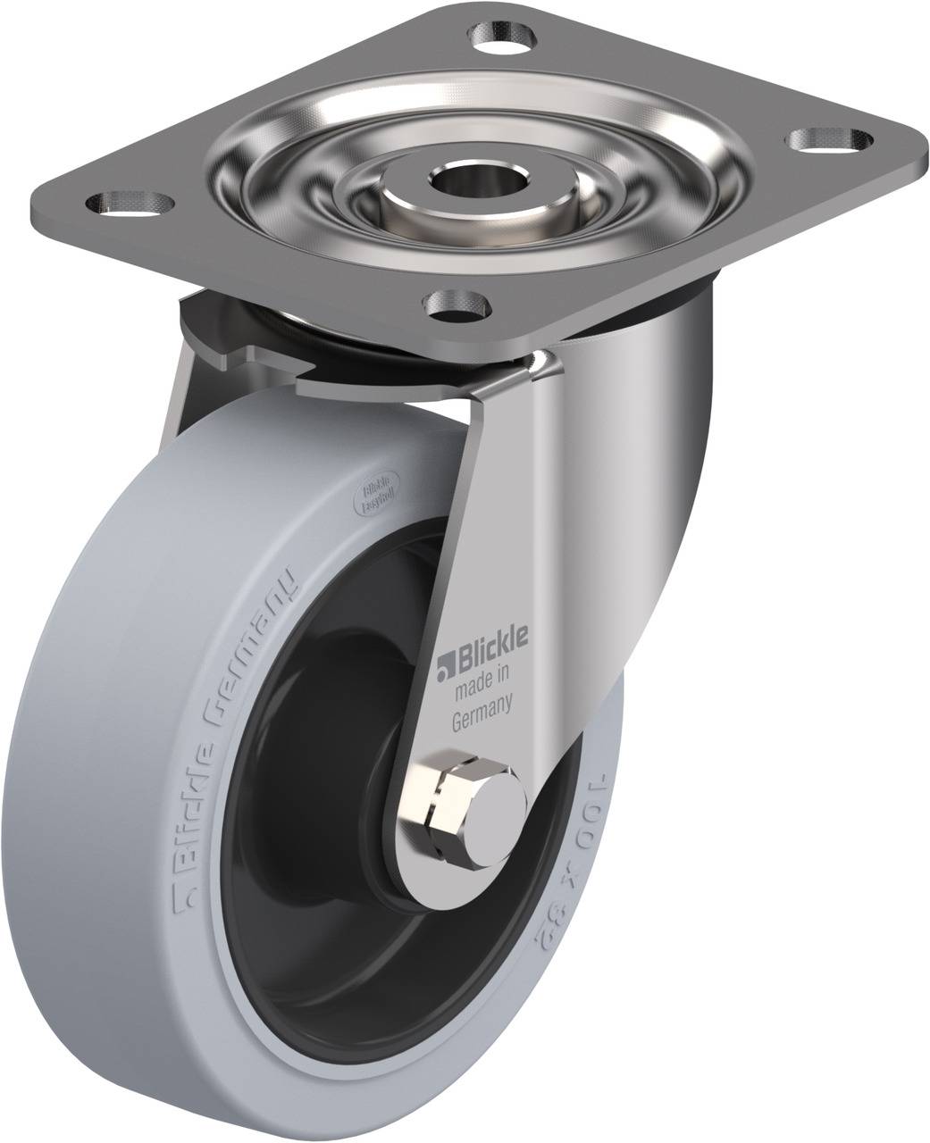 Drehbares Rollenrad aus Metall und Gummi, hergestellt in Deutschland; geeignet für Möbel oder Transportgeräte.