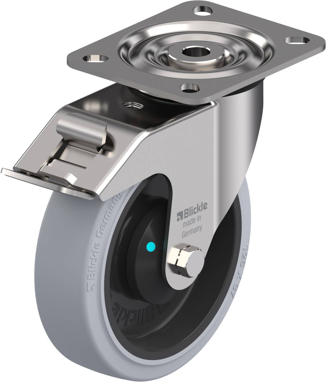 'Rollenrad aus Metall und Kunststoff mit Halterung. Auf dem Rad steht 'Blickle, made in Germany'. Geeignet für Transportwagen.'