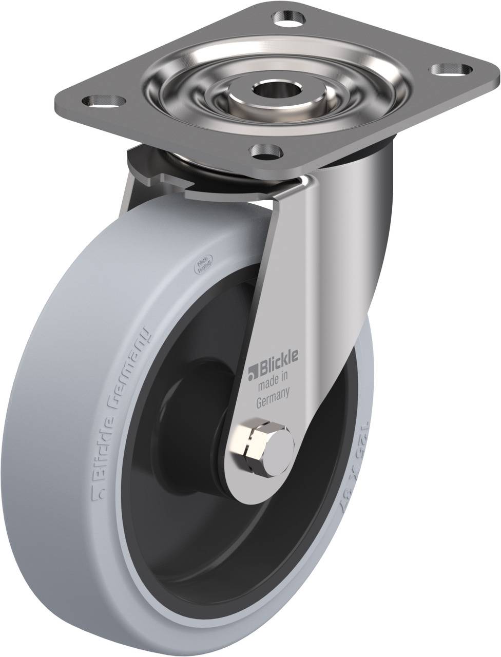 Lenkrolle mit grauem Rad, silbernem Gehäuse und Montageplatte. Ideal für Möbel oder Transportgeräte. 'Blickle, made in Germany' steht auf dem Gehäuse.