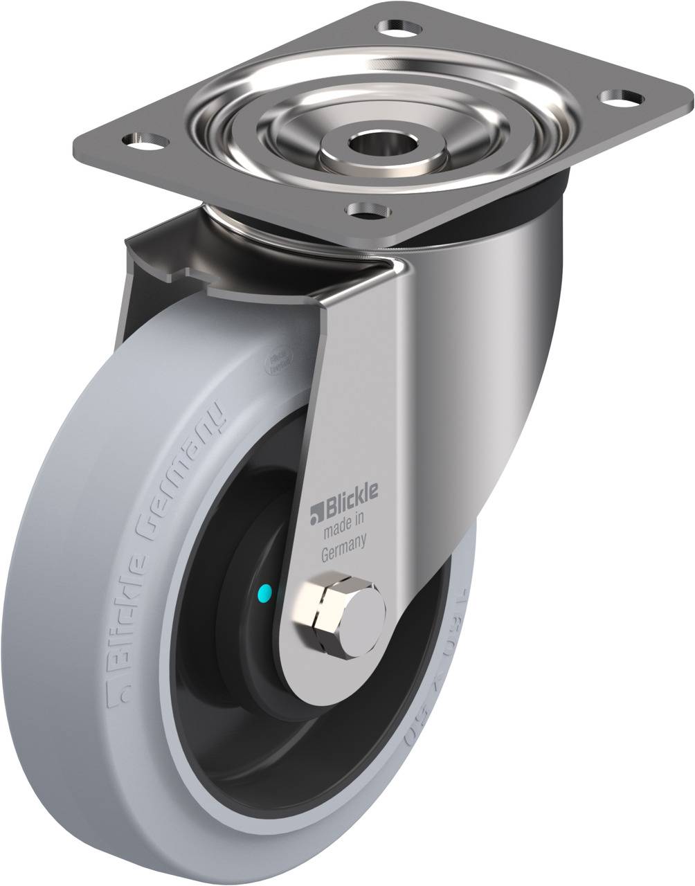 Industrie-Lenkrolle aus Edelstahl mit grauem Rad und schwarzem Kern, geeignet für Transportausrüstungen; Markenlaufschrift sichtbar.