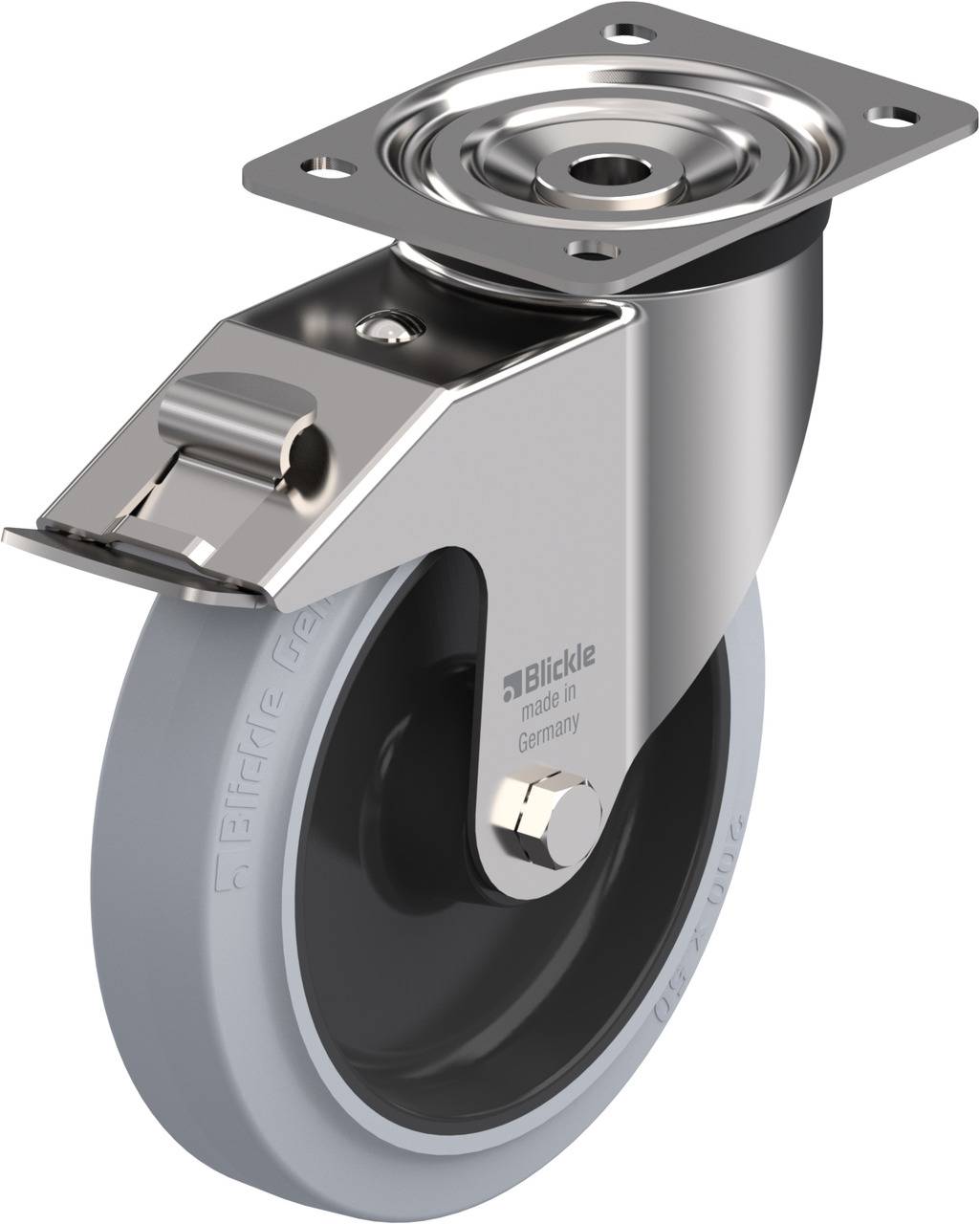 Schwenkrolle aus Metall mit grauem Rad und Befestigungsplatte, geeignet für Möbel oder Geräte mit Rollen. Hersteller: Blickle.