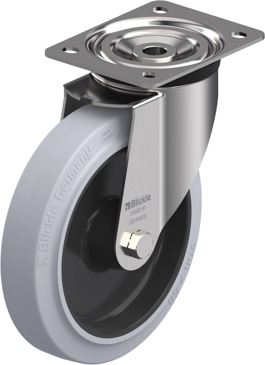 Metallrad mit grauem Gummireifen und einer Befestigungsplatte. Geeignet für Möbel oder industrielle Anwendungen.