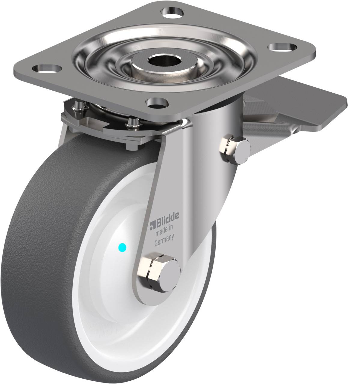 Schwenkrolle mit rechteckiger Metallplatte, grauem Rad und Bremse. Geeignet für flexible Mobilität und sichere Befestigung.