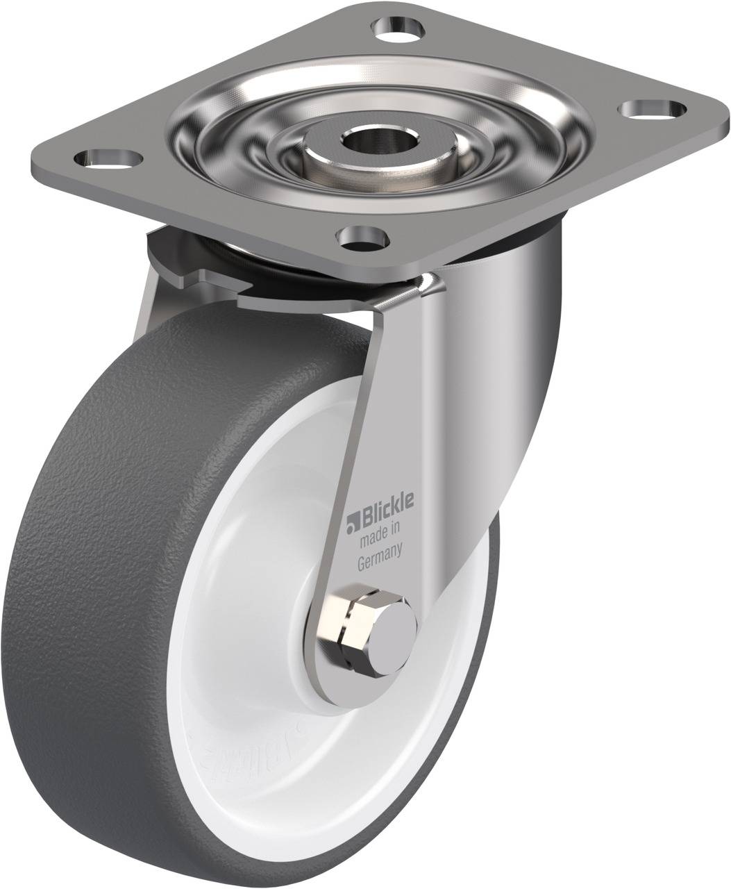 Industrie-Schwenkrolle mit grauem Rad und silbernem Metallgehäuse, markiert mit 'Blickle, made in Germany'. Geeignet für den Gerätebau.