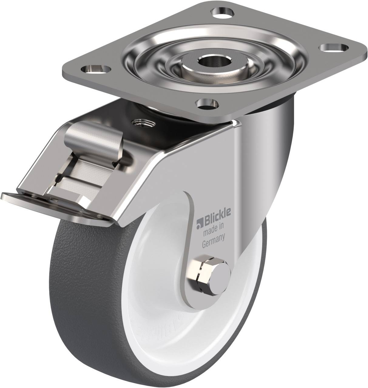 Schwenkrolle aus Metall mit grauem Rad und Halterung. Die Aufschrift 'Blickle made in Germany' ist auf der Radabdeckung zu sehen.