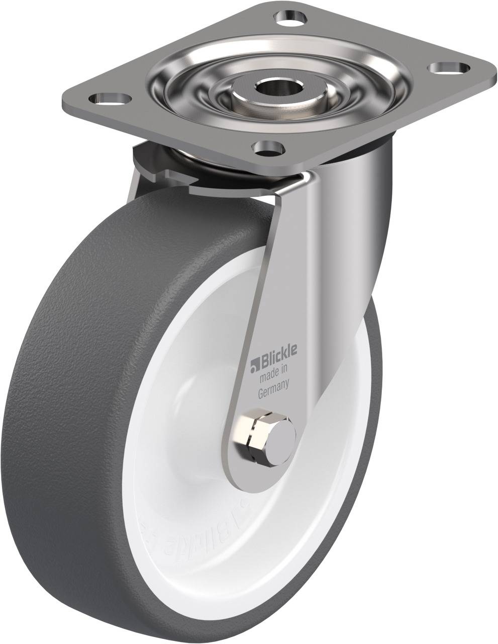 Graue Rollenrolle mit weißem Rad und Metallhalterung, geeignet für stabile Befestigung und gleichmäßige Bewegung von Gegenständen.