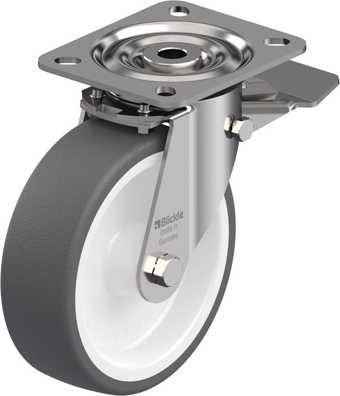 Industrie-Rollenrad aus Metall und Gummi mit Drehgelenk und Befestigungsplatte, für schwere Lasten geeignet.