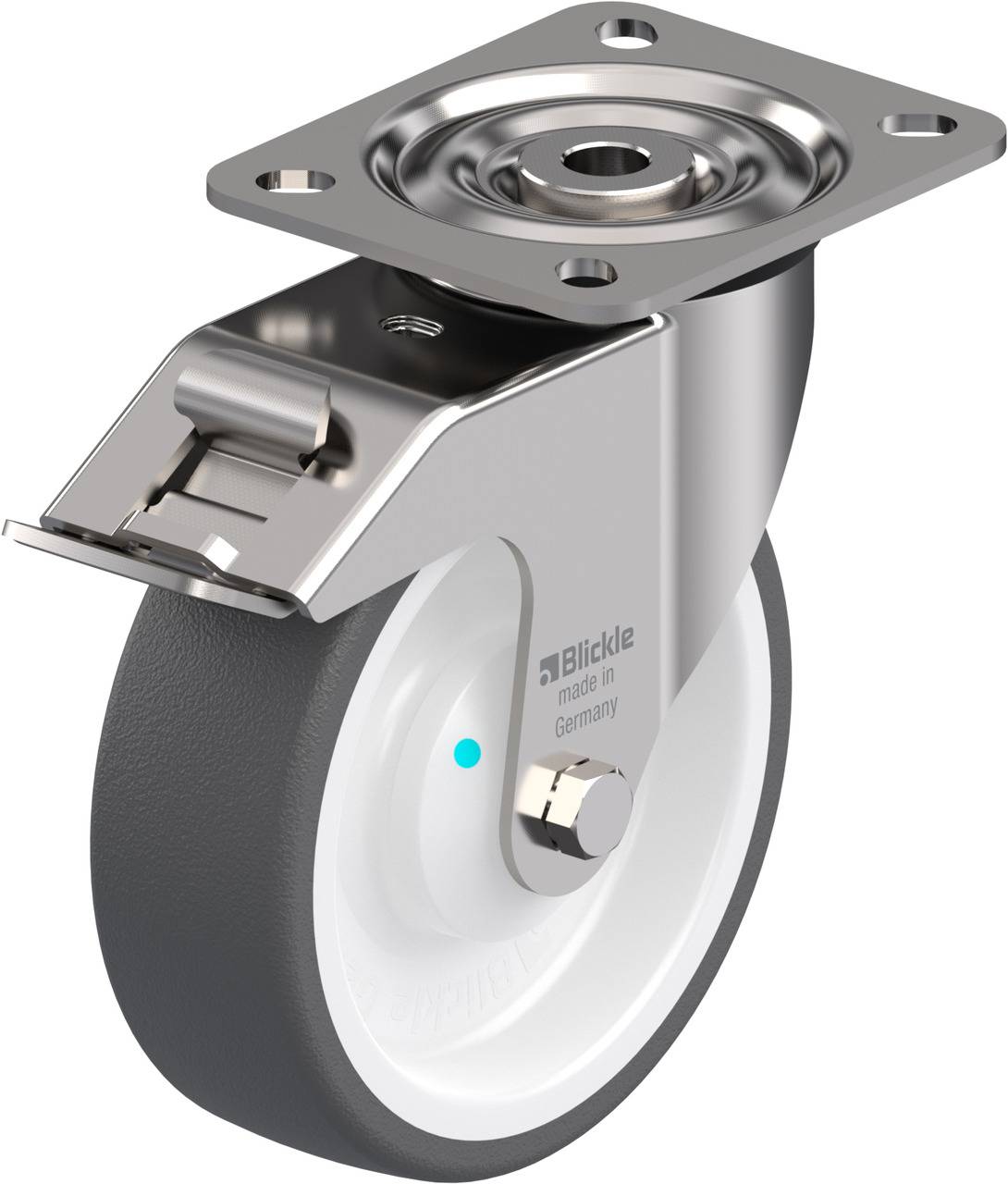 Industrielles Laufrollenrad aus Metall und Kunststoff mit Befestigungsplatte. Entwickelt für robuste Anwendungen in der Industrie.