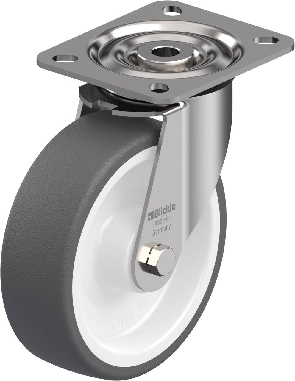 Industrie-Lenkrolle aus Metall mit grauem Rad und Plattenbefestigung. Markiert mit 'Blickle made in Germany'.