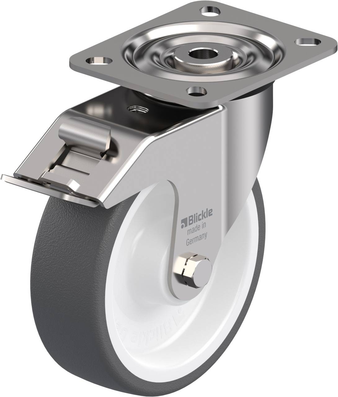 Grauer Metall-Lenkrolle für Möbel mit weißem Gummirad, rechteckiger Montageplatte und Schwenkmechanismus.