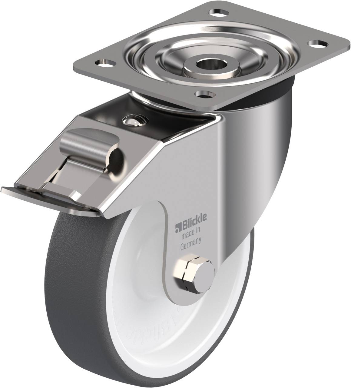 Eine drehbare Laufrolle aus Metall und Kunststoff mit Halterung, typischerweise für Möbel oder Industriemaschinen verwendet.