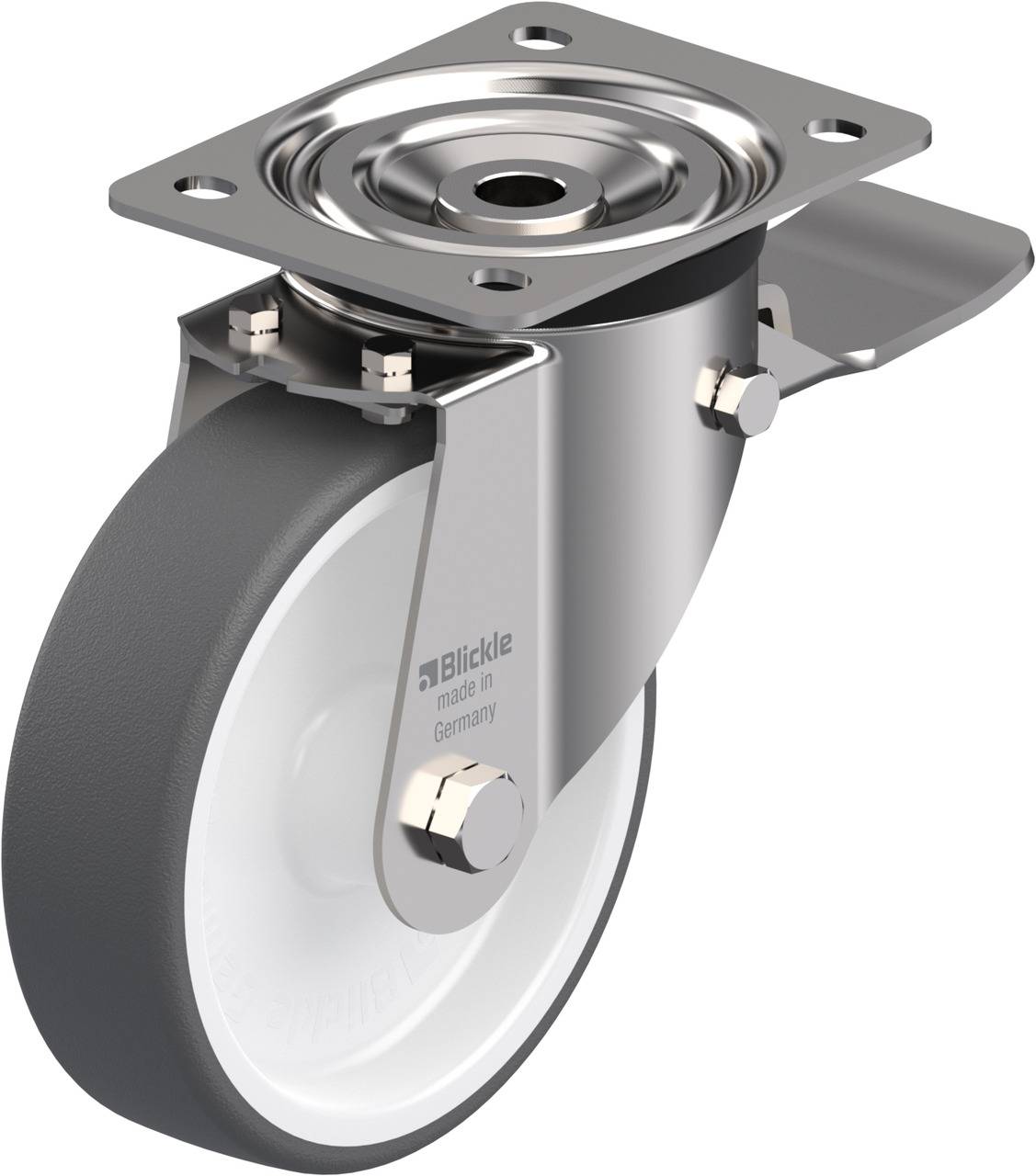 Schwenkrolle aus Metall mit grauem Gummirad und Befestigungsplatte, geeignet für Möbel oder Transportgeräte.