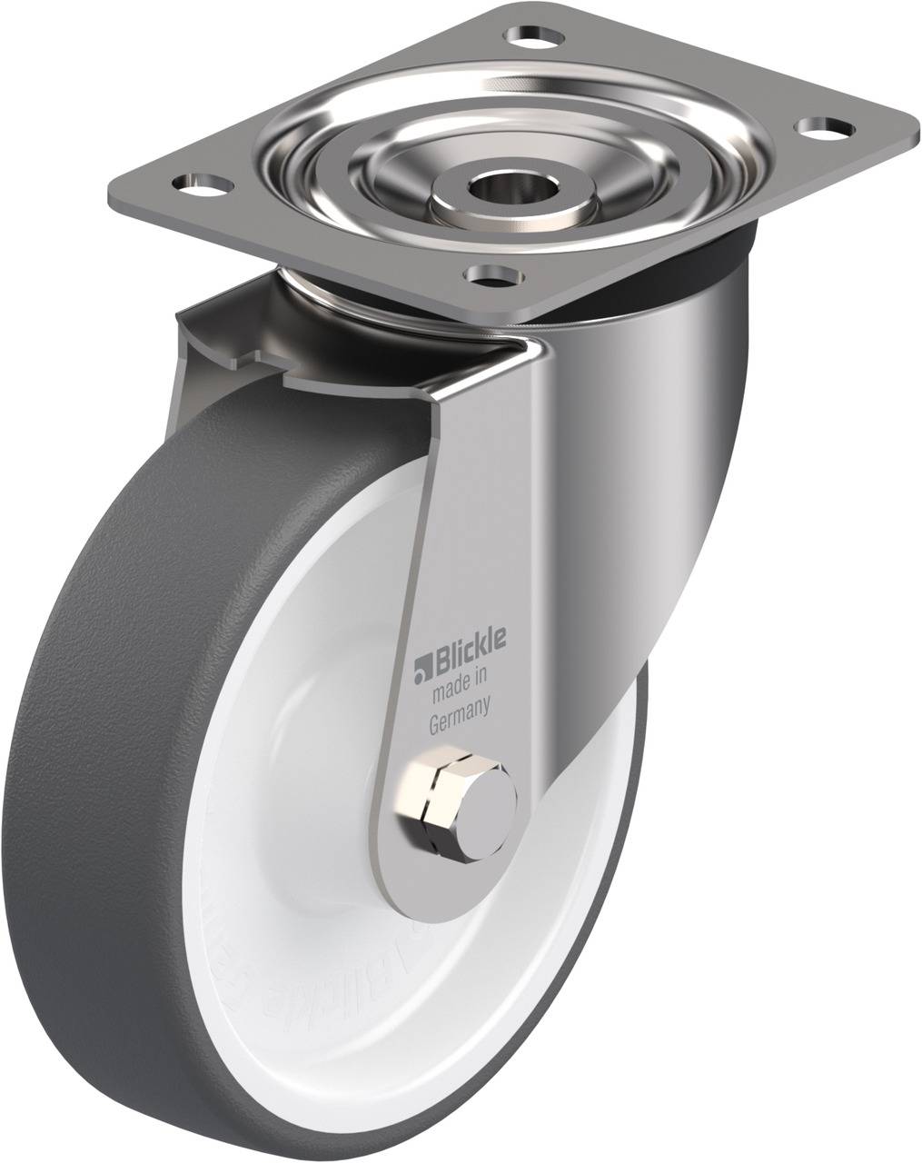 Das Bild zeigt ein graues Lenkrollenrad mit metallener Halterung vor weißem Hintergrund. Das Rad hat ein glänzendes Finish.