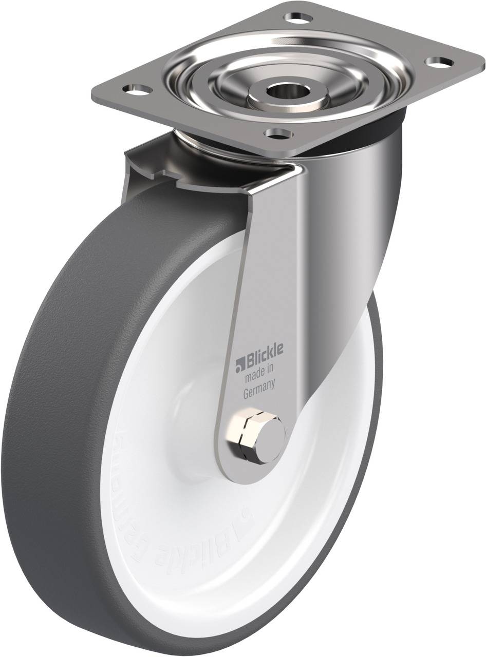 Metallisches Raddesign von Blickle mit grauer Lauffläche, geeignet für industrielle Anwendungen in Deutschland.