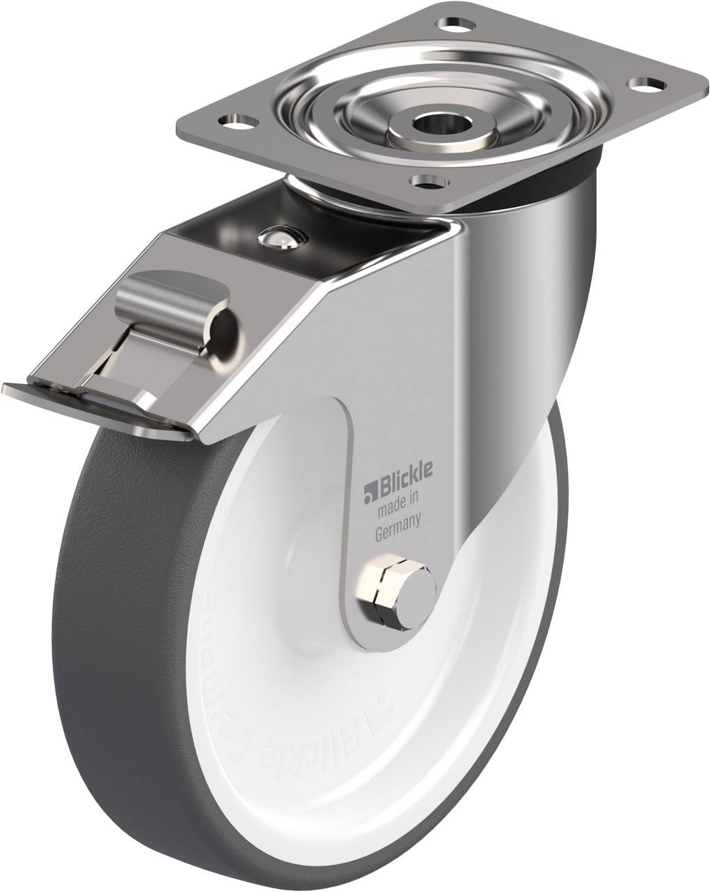 Industrierolle mit Metallhalterung und grauem Rad auf weißem Hintergrund. Eignet sich für Transportwagen und Industrieanwendungen.