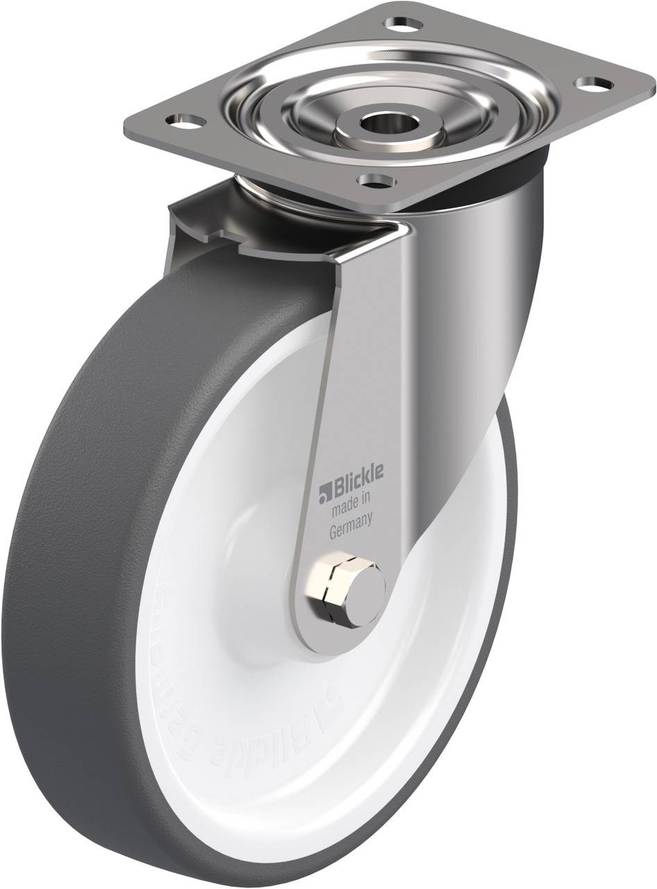 Ein einzelnes graues und weißes Laufrollenrad aus Metall und Kunststoff, geeignet für Möbel oder Transportgeräte.