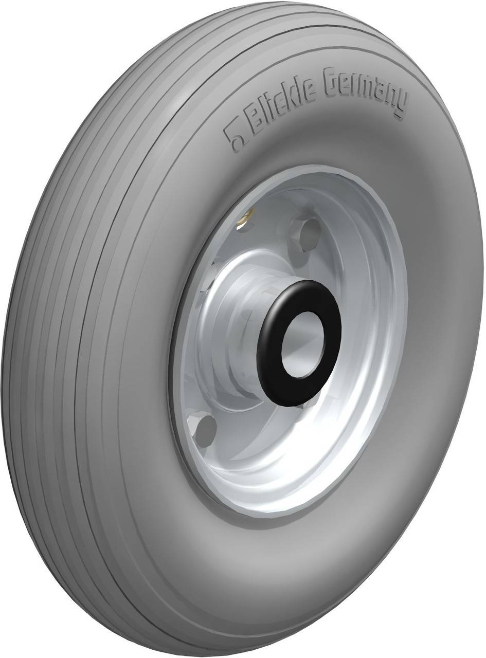 Graues Vollgummirad mit glänzender Metallfelge, seitlich beschriftet mit 'Blickle Germany', geeignet für die industrielle Nutzung.