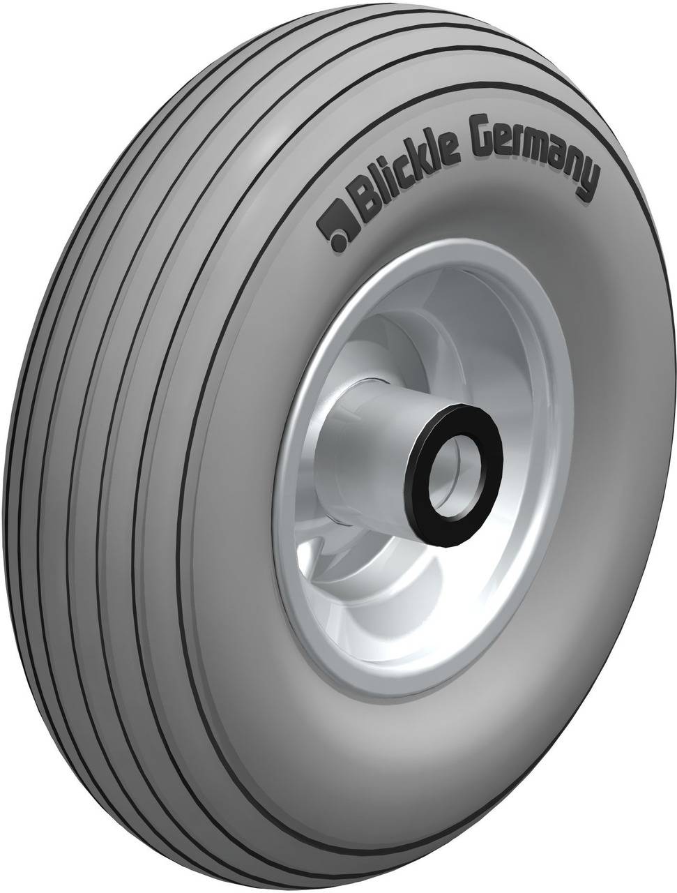 Graues Hartgummirad mit Markenlogo 'Blickle Germany', gleichmäßige Rillen auf der Oberfläche, montiert auf einer silbernen Radnabe.