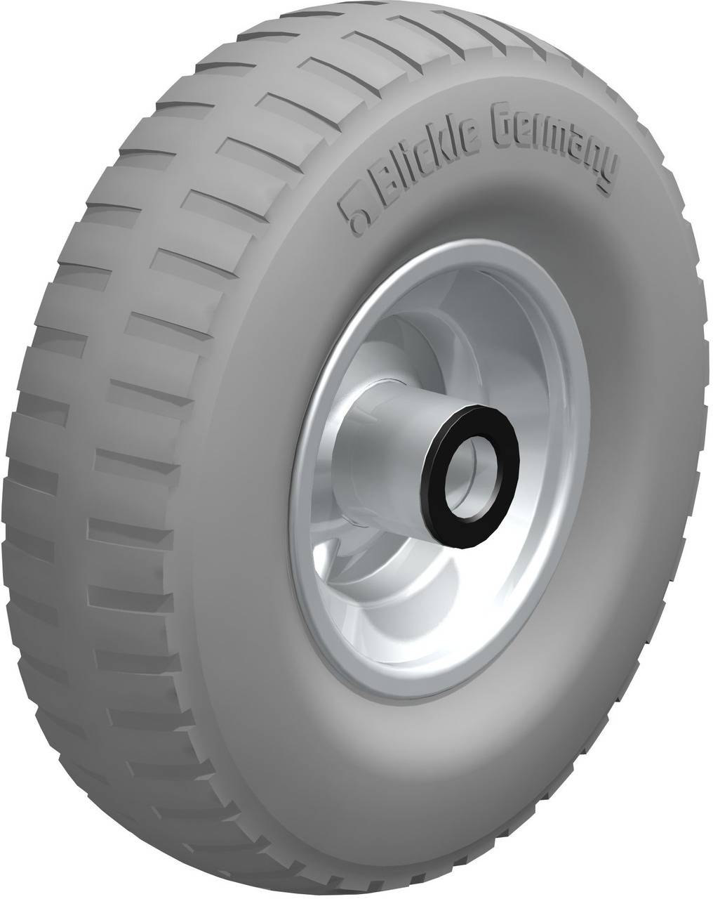 Graues Gummirad mit Metallfelge, von 'Blickle Germany', geeignet für industrielle Anwendungen.