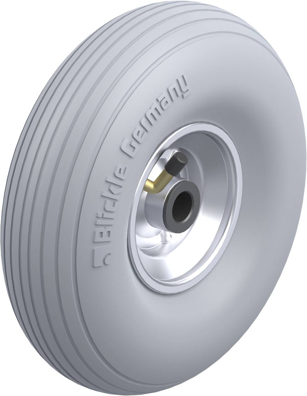 Graues Rad aus Gummi mit der Aufschrift 'elffike Germany' und Metall-Nabe, möglicherweise für industrielle oder technische Anwendungen geeignet.