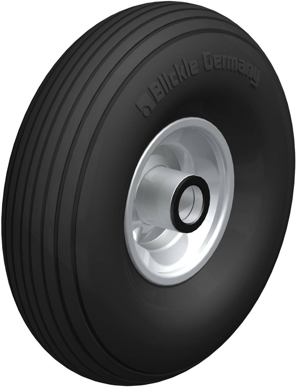 Gummirad mit Rillenprofil und silberner Felge, beschriftet mit 'Blickle Germany'.