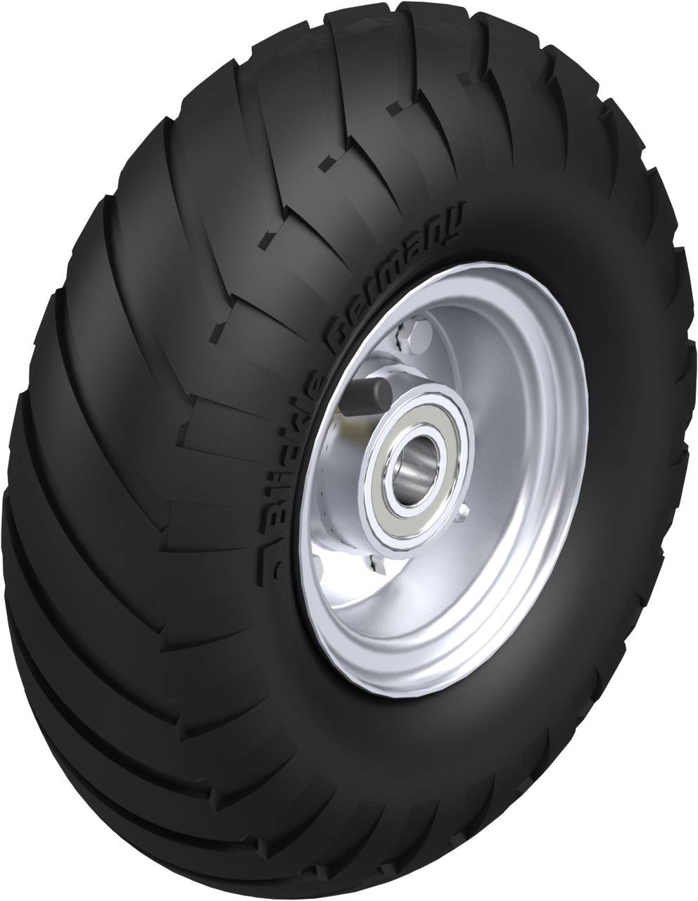 Ein schwarzes Reifenrad mit silberner Felge, geeignet für geländegängige Fahrzeuge, zeigt tiefe Profilrillen für besseren Grip.