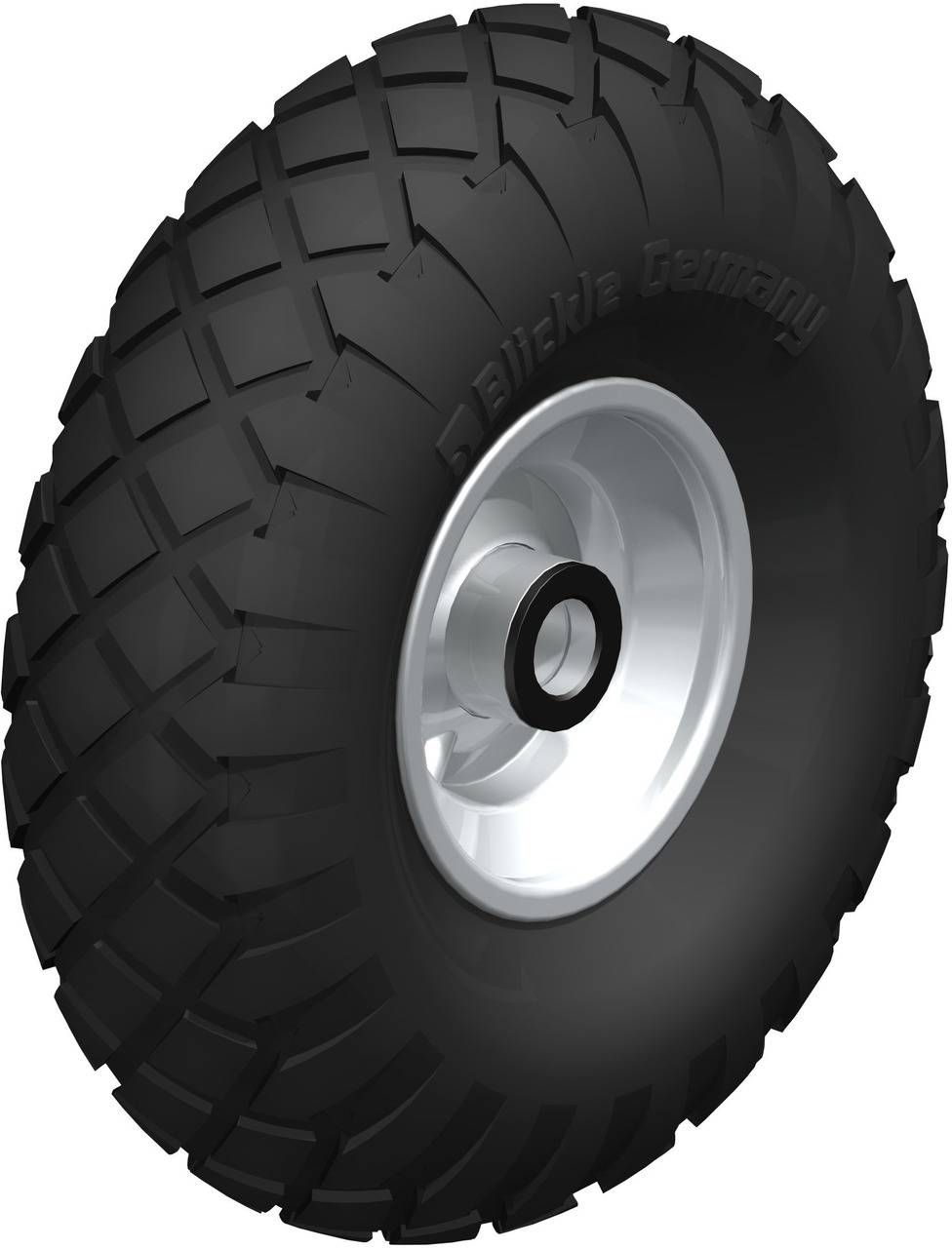 Schwarzes Gummirad mit robustem Profil und silberner Felge, geeignet für den Einsatz auf unebenem Gelände.