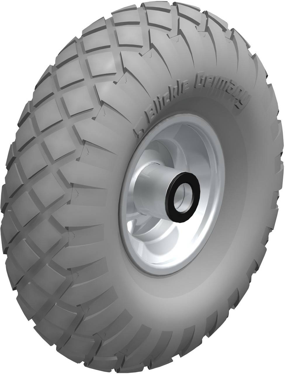 Ein grauer Offroad-Reifen mit grobem Profil, montiert auf einer glänzenden Metallspeiche, geeignet für Geländefahrzeuge.