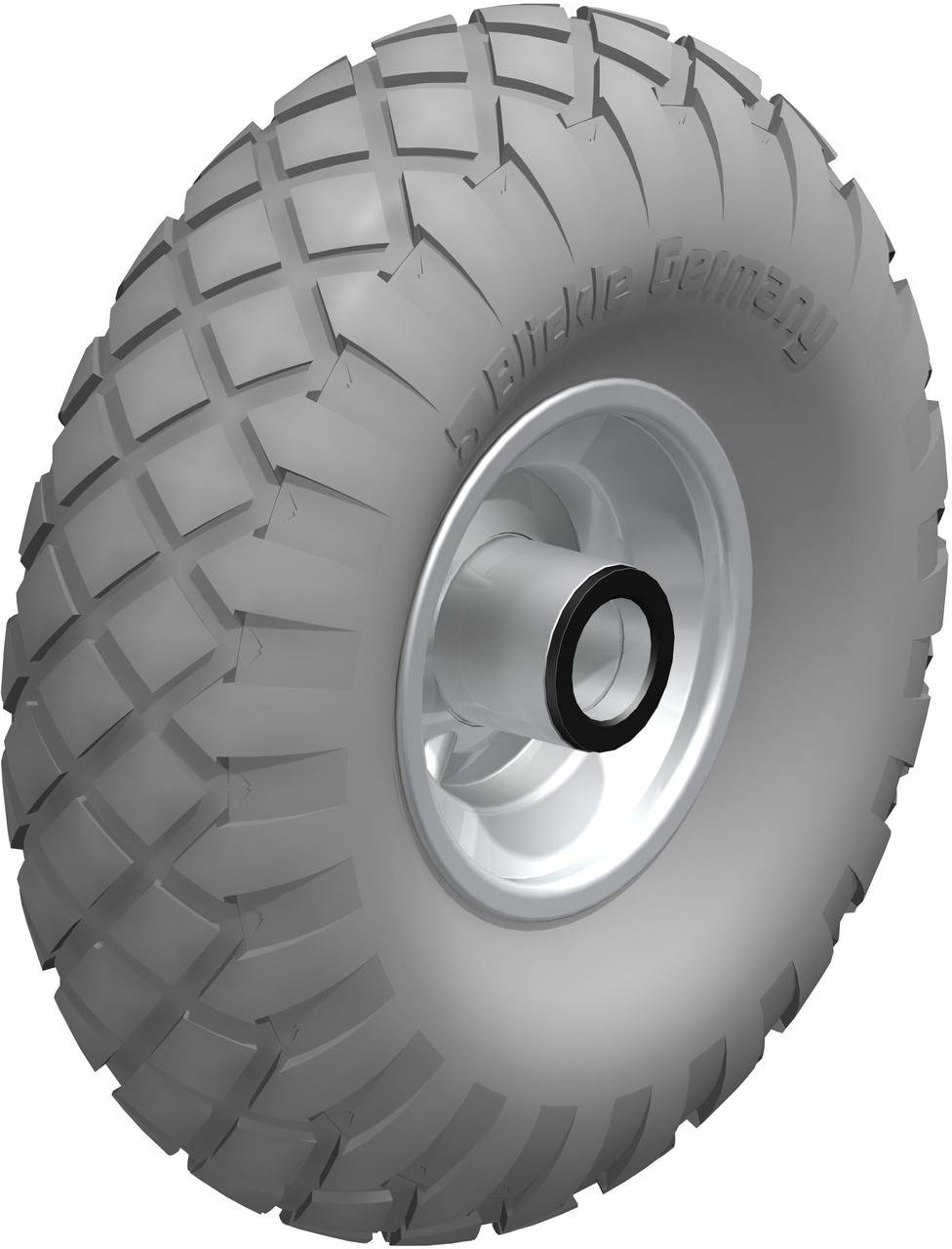 Ein graues Rad mit grobem Profil und Metallfelge. Geeignet für Offroad-Anwendungen oder schwere Maschinen.