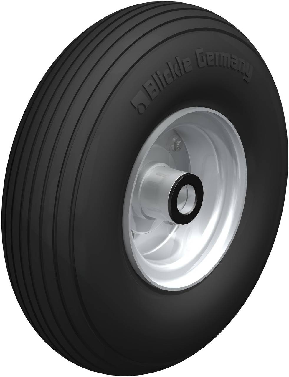 Schwarzes Rad mit silberner Felge, graviert mit 'Blickle Germany', zeigt Profilrillen für besseren Grip.