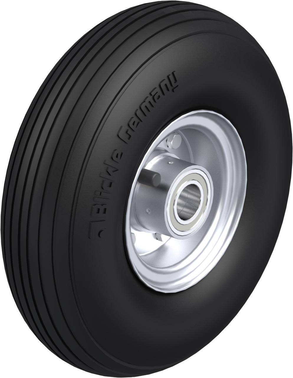 'Schwalbe Germany' Reifen in Nahaufnahme, zeigt detailliertes Profil und glänzende Felge, geeignet für Flugzeugfahrwerke oder Industriefahrzeuge.