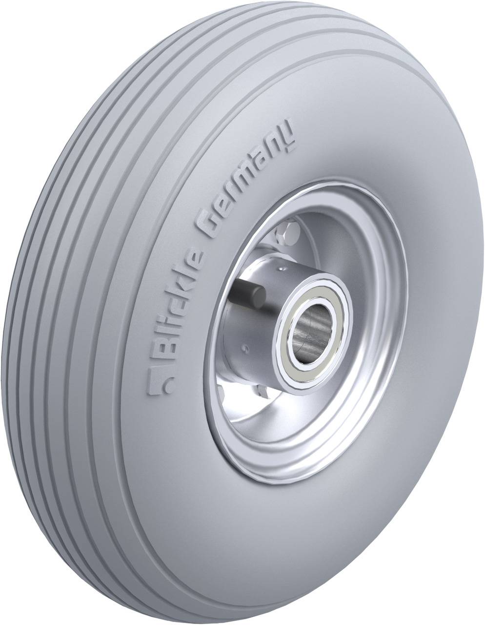 Ein graues Kunststoffrad mit feinen Rillen und einem Metalllager in der Mitte, beschriftet mit 'Elride Germany', auf weißem Hintergrund.
