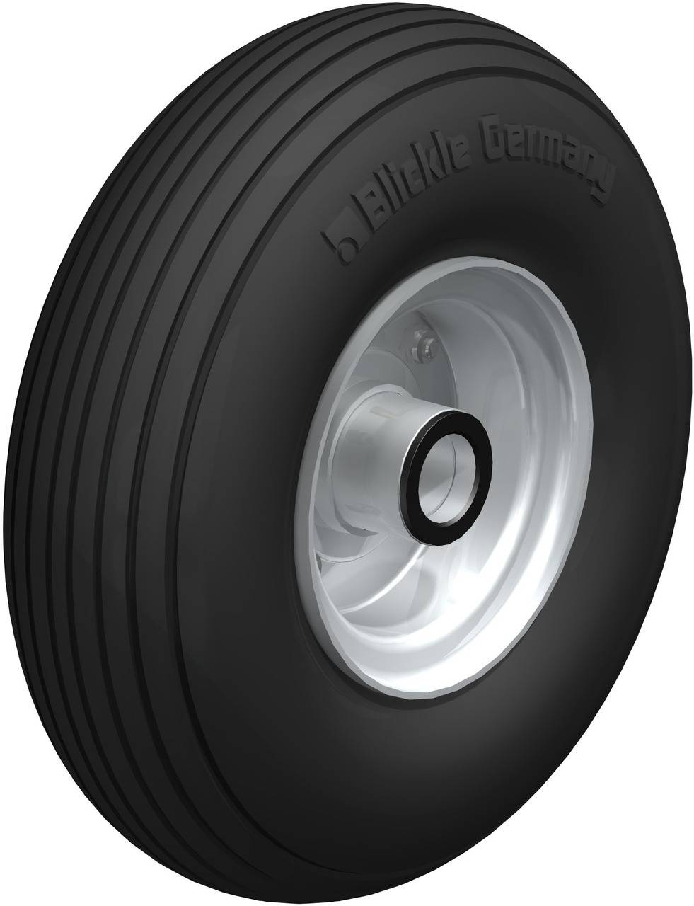 Ein Flugzeugrad mit schwarzem Profil und silberner Felge, markiert mit 'Bleichie Germany', hervorgehobene Rillenstruktur.