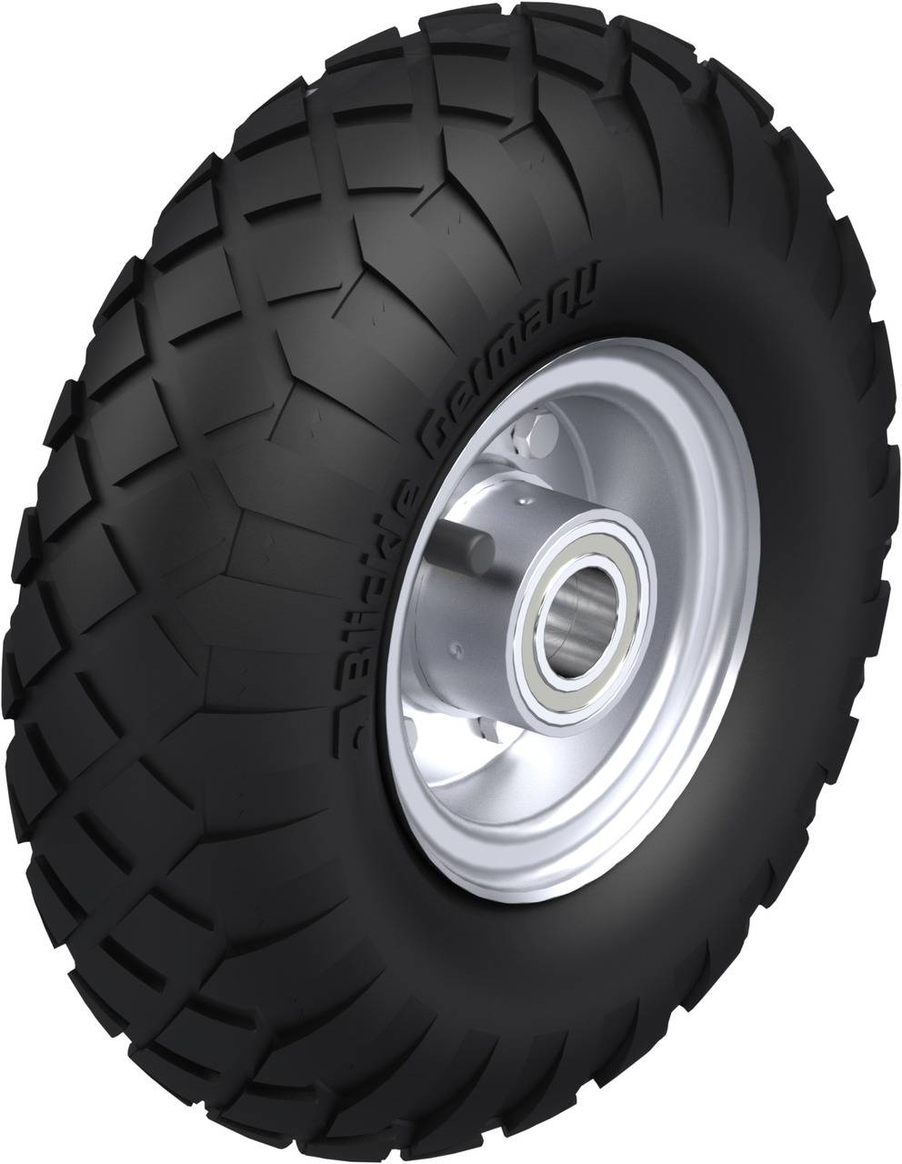 Ein schwarzer Offroad-Reifen mit grobem Profil auf einer silbernen Felge, geeignet für robuste Gelände- und Nutzfahrzeuge.