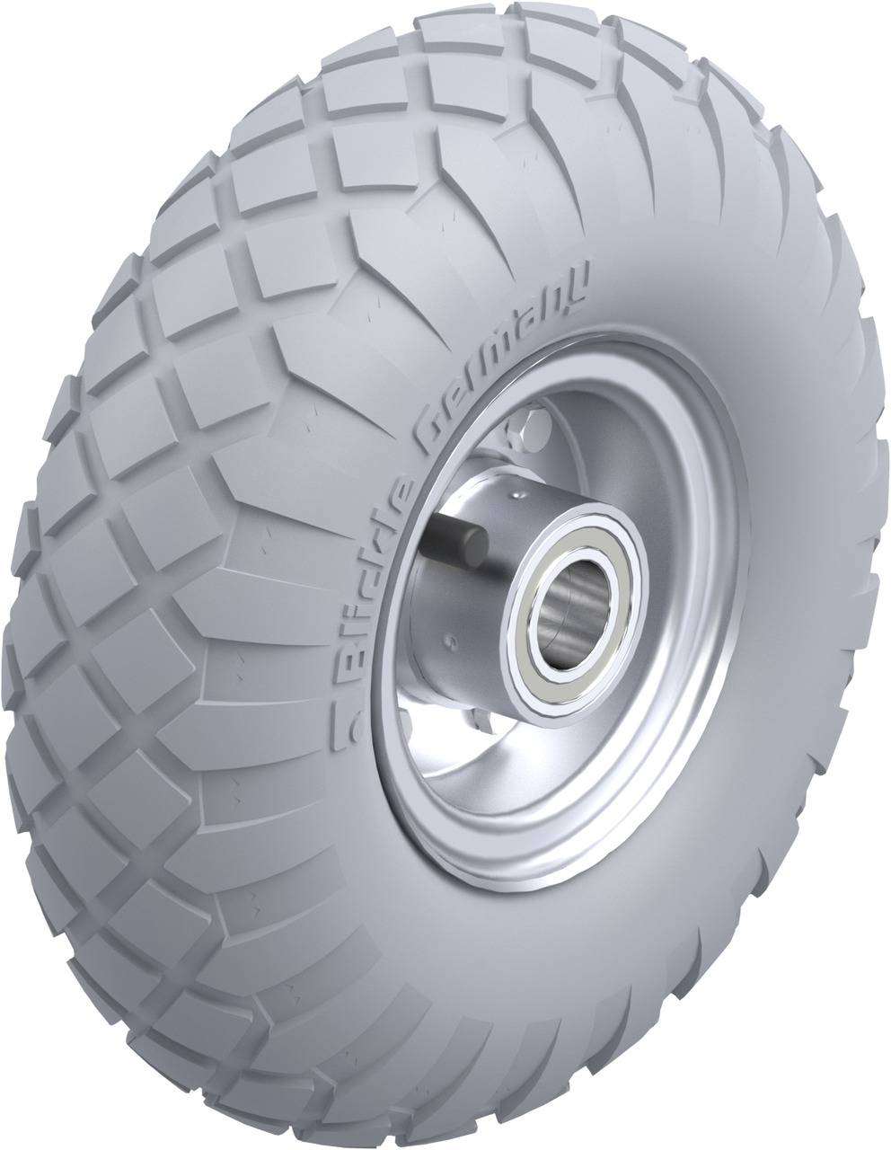 Graues Rad mit tiefer Lauffläche und Metallfelge, geeignet für schwere Lasten oder Geländewagen.