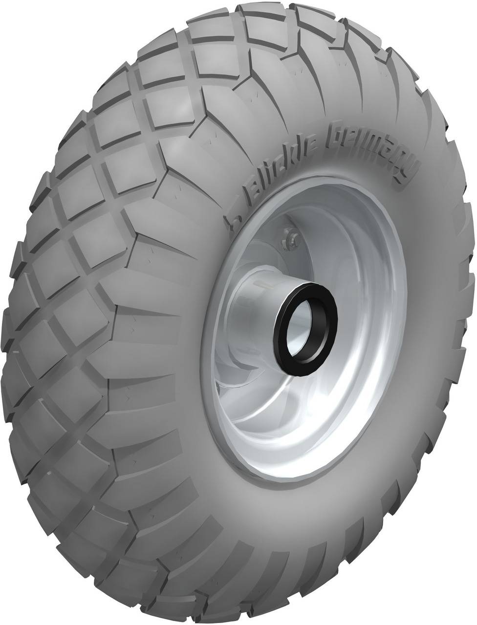 Grauer Offroad-Reifen mit grobem Profil und silberner Felge, geeignet für unwegsames Gelände.