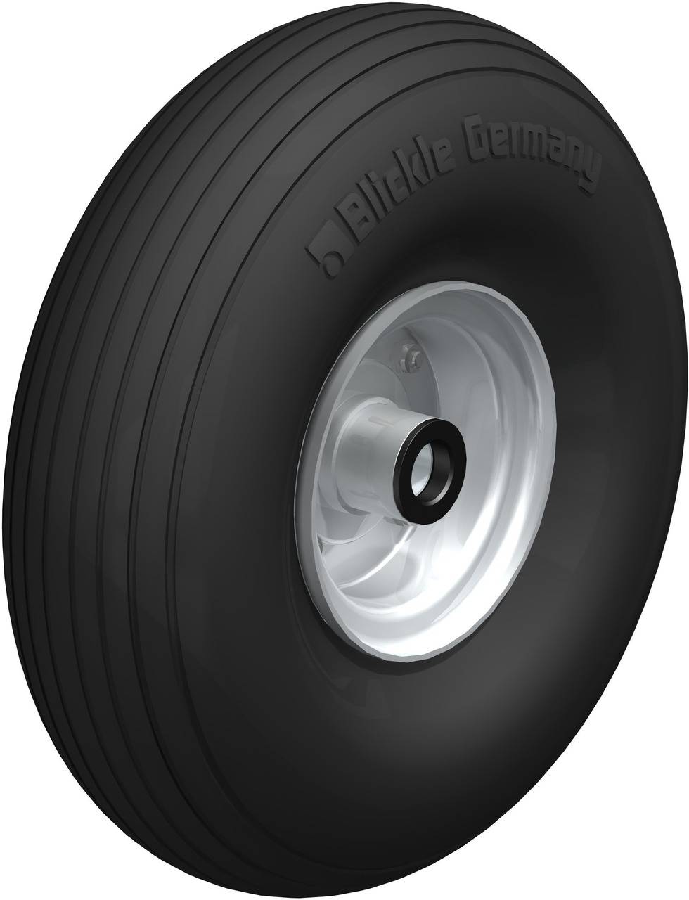 Schwarzes, gerilltes Rad mit silberner Metallfelge und Aufschrift 'Blickle Germany', seitliche Draufsicht.