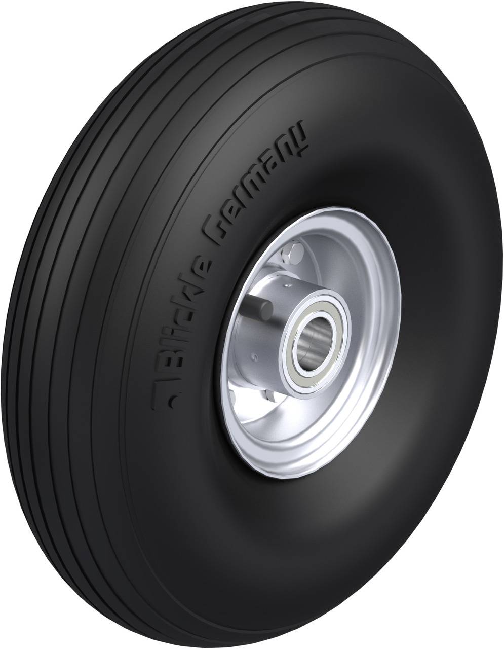 Ein schwarzes Rad mit der Aufschrift 'Birdie Germany', geeignet für Flugzeuge, montiert auf einer silbernen Felge.