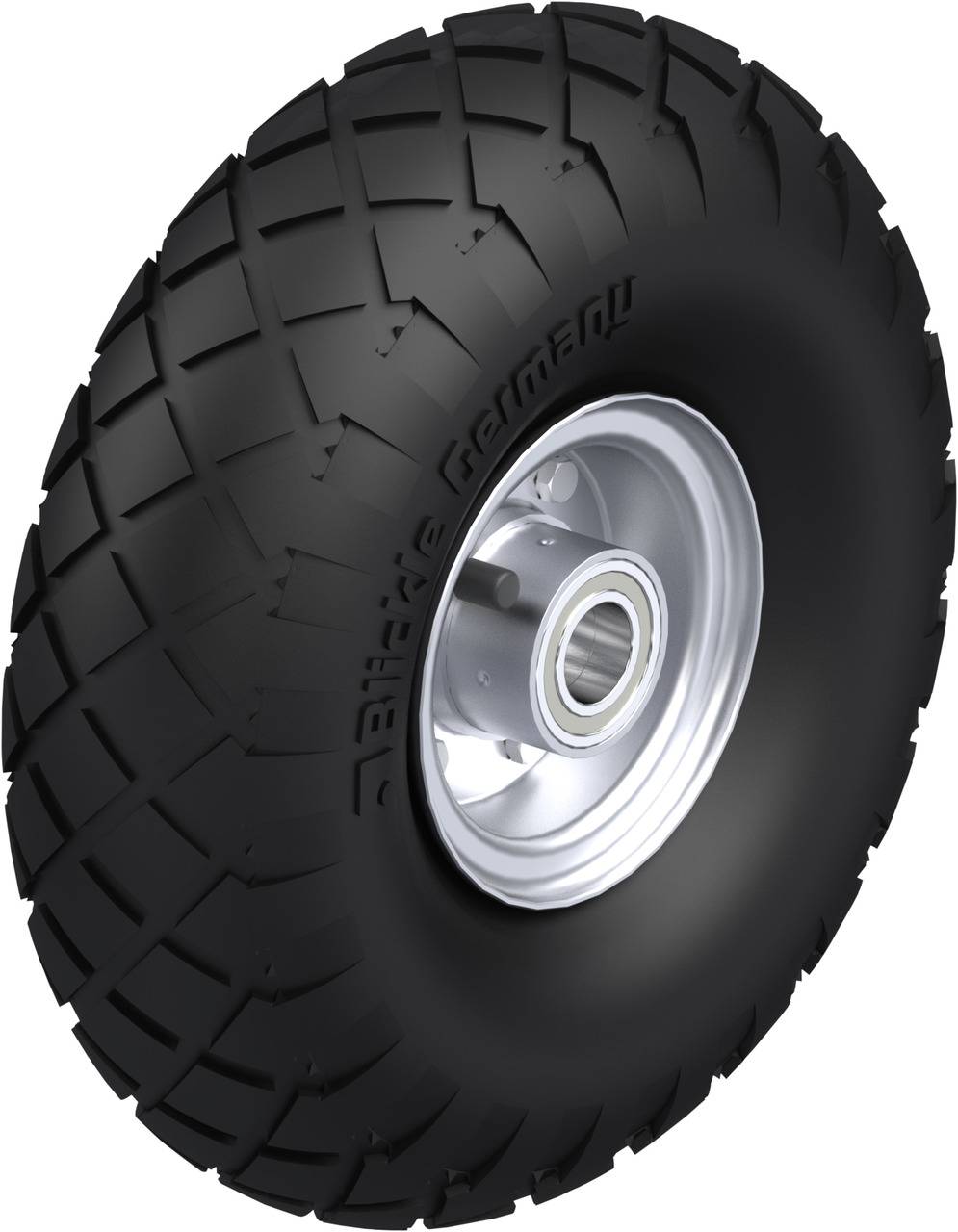 Schwarzes Profilreifenrad mit silberner Felge, geeignet für Offroad-Nutzung.