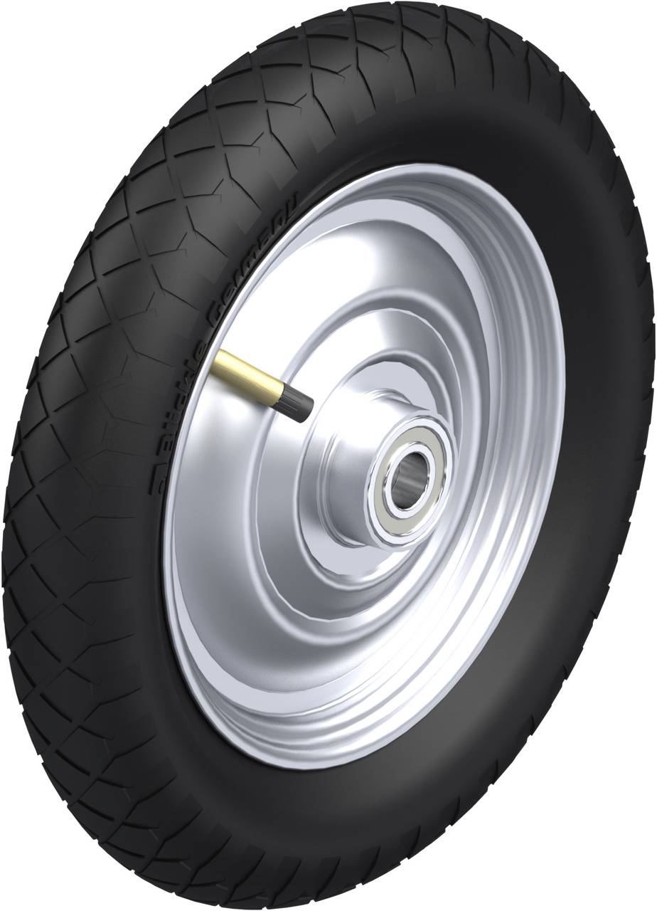 Silberne Felge mit schwarzem Reifen, Ventil sichtbar, auf weißem Hintergrund. Hauptsächlich verwendet in Fahrrädern oder Rollern.
