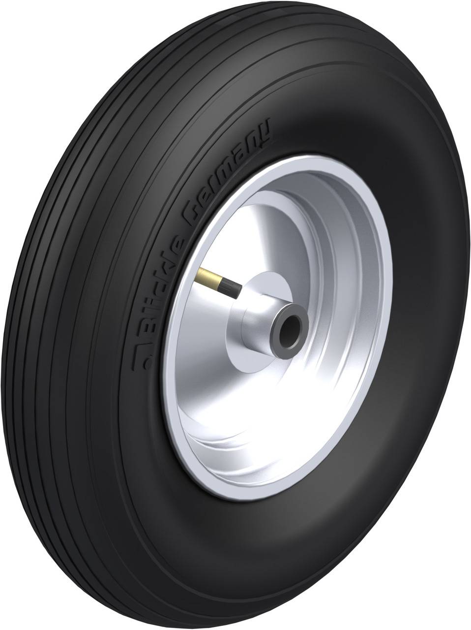 Ein schwarzes Flugzeugrad mit silberner Felge, seitlich gesehen. Auf der Seite steht 'Made in Germany'.