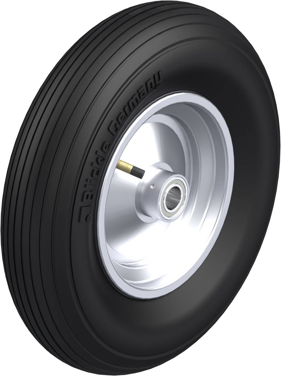 Ein schwarzer Reifen mit silberner Felge, geeignet für Flugzeuge oder spezielle Fahrzeuge, seitlich gezeigt.