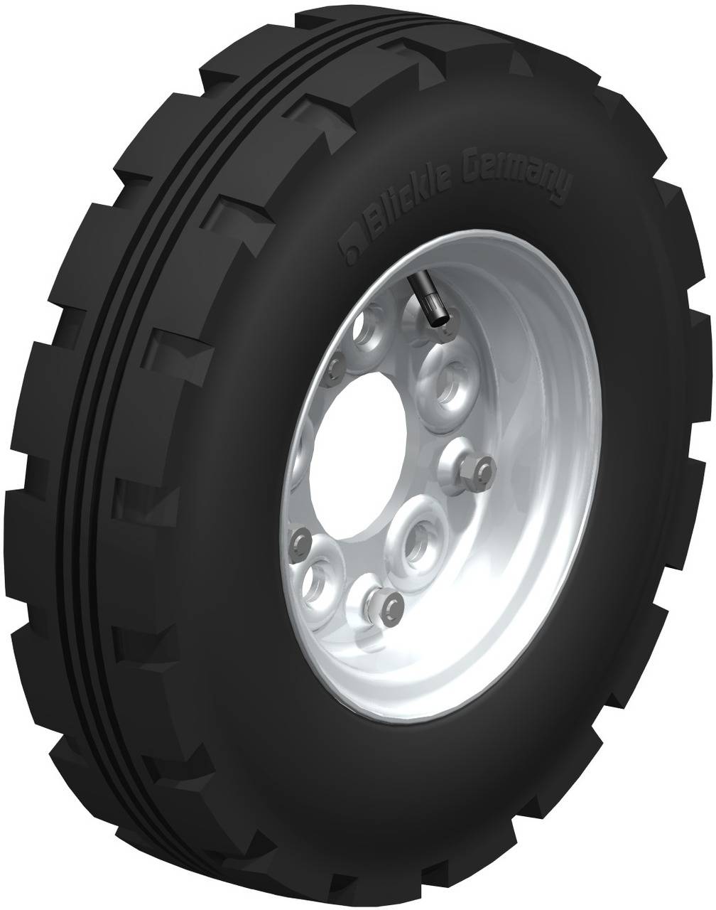 Schwarzes Gummirad mit Profil und silberner Metallfelge, geeignet für schwere Nutzfahrzeuge oder Industriemaschinen.