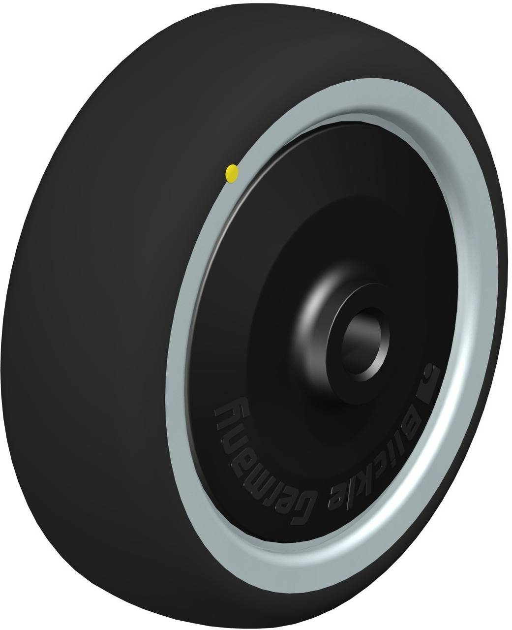 Schwarzes Rad mit silbernem Rand und gelbem Punkt, zeigt symmetrisches Design und robuste Bauweise, geeignet für industrielle Anwendungen.