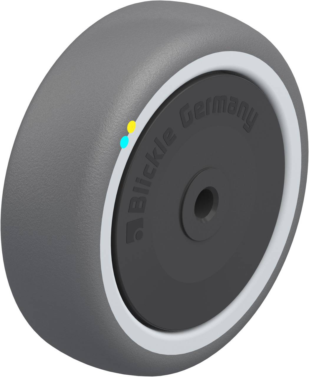 Ein graues Rad mit einem schwarzen Loch in der Mitte, trägt die Aufschrift 'Blickle Germany'.