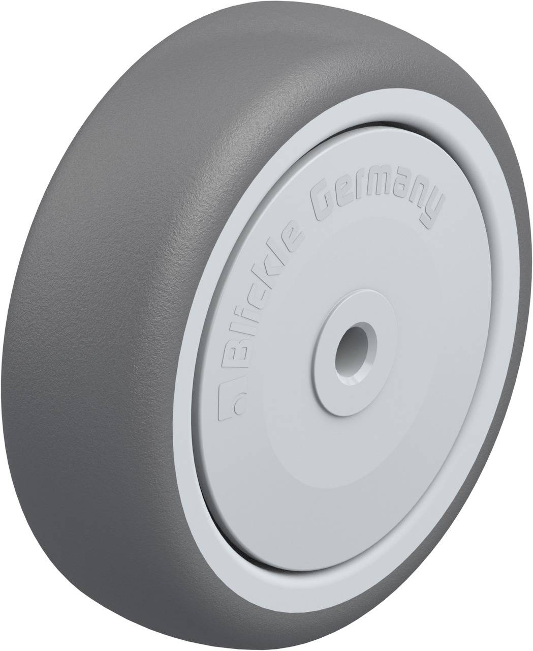Graues Kunststoffrad mit weißer Nabenabdeckung, Aufschrift 'Blickle Germany'. Hauptsächlich für industrielle Anwendungen geeignet.