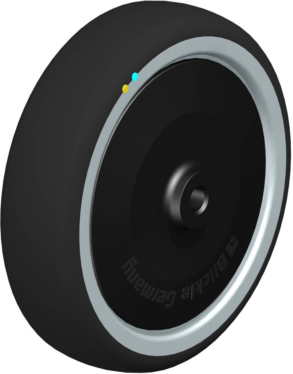 Ein schwarzes Rad mit silbernem Rand und kleinem gelbem und blauem Punkt darauf.