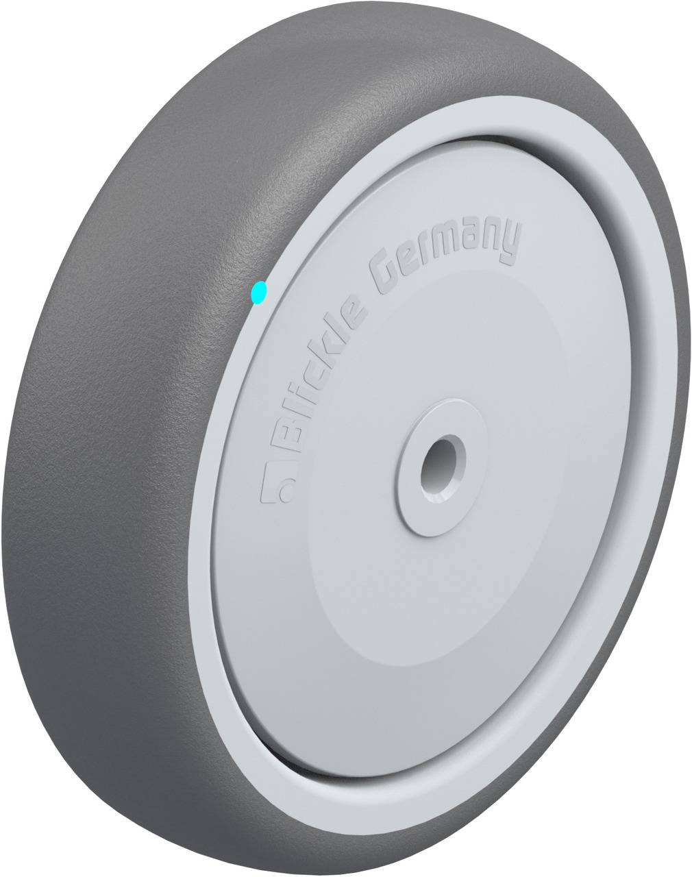 Ein graues Kunststoffrad mit der Inschrift 'TENTE Germany' auf der Radnabe. Verwendet in Möbeln oder Geräten für Mobilität.